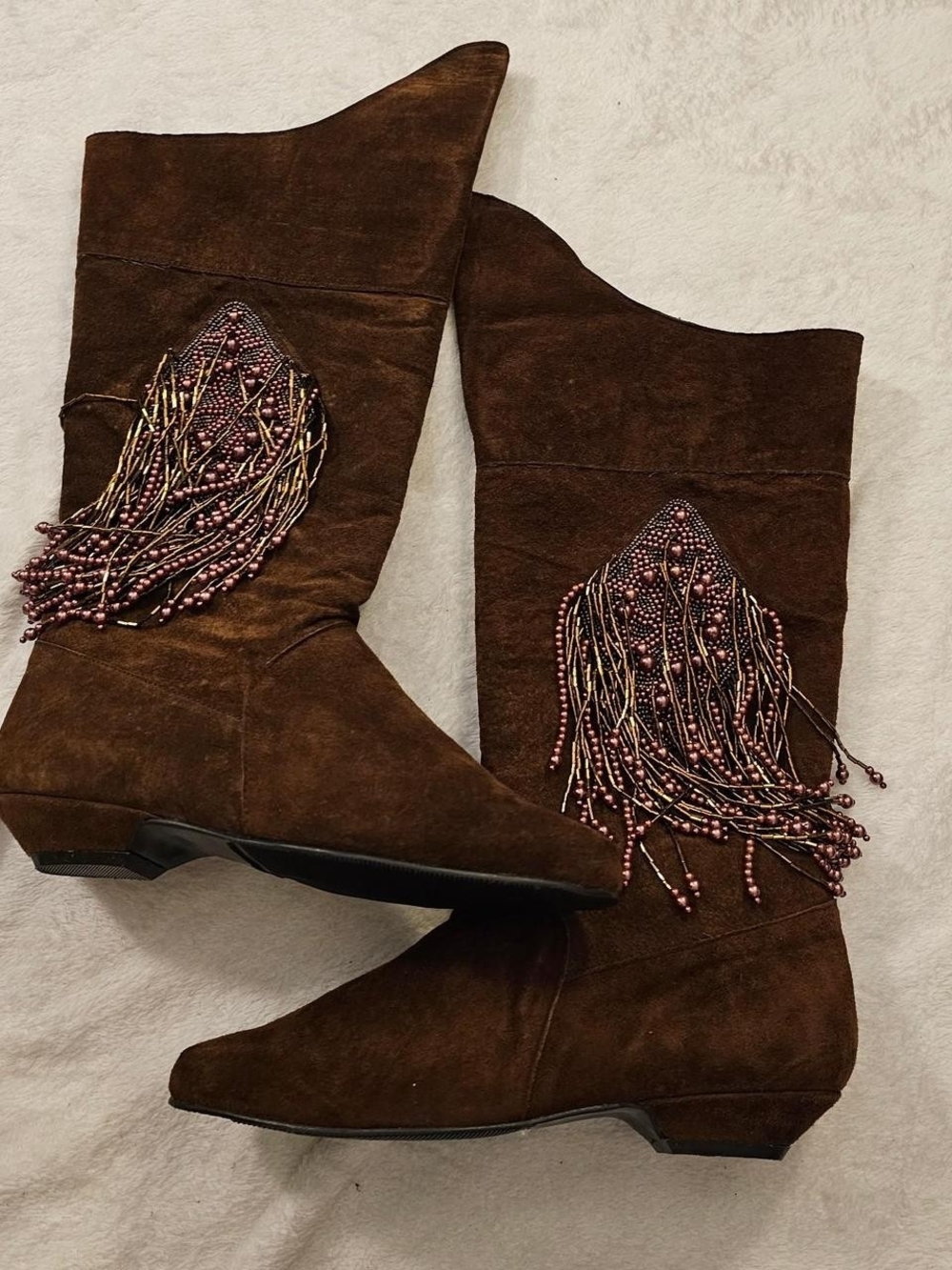 Aj Valenci Brown Suede Beaded Fringe Mid-Calf Boots